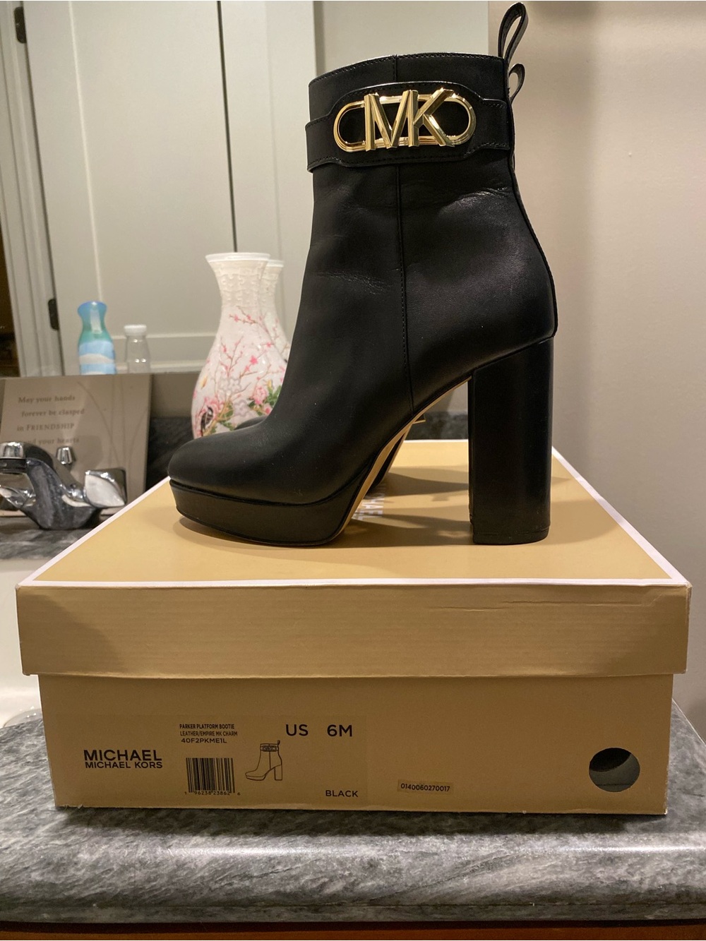 Michael Kors Black Leather Platform Block Heel Ankle Boots with Gold MK Accent
